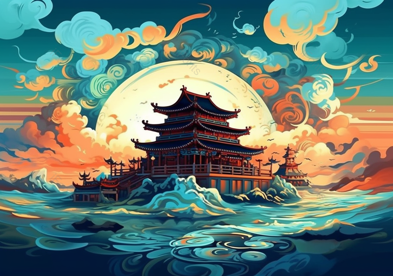 水浪太阳湖中岛屿国风宫殿古建筑国潮节日背景抽象插画,插画/手绘图,插画/手绘图库,插画/手绘图下载,插画/手绘